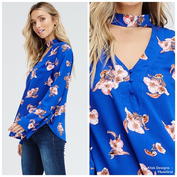 🥰LAST 1! 💕Royal Blue Floral Crepe Choker Top! - Picture 3 of 4